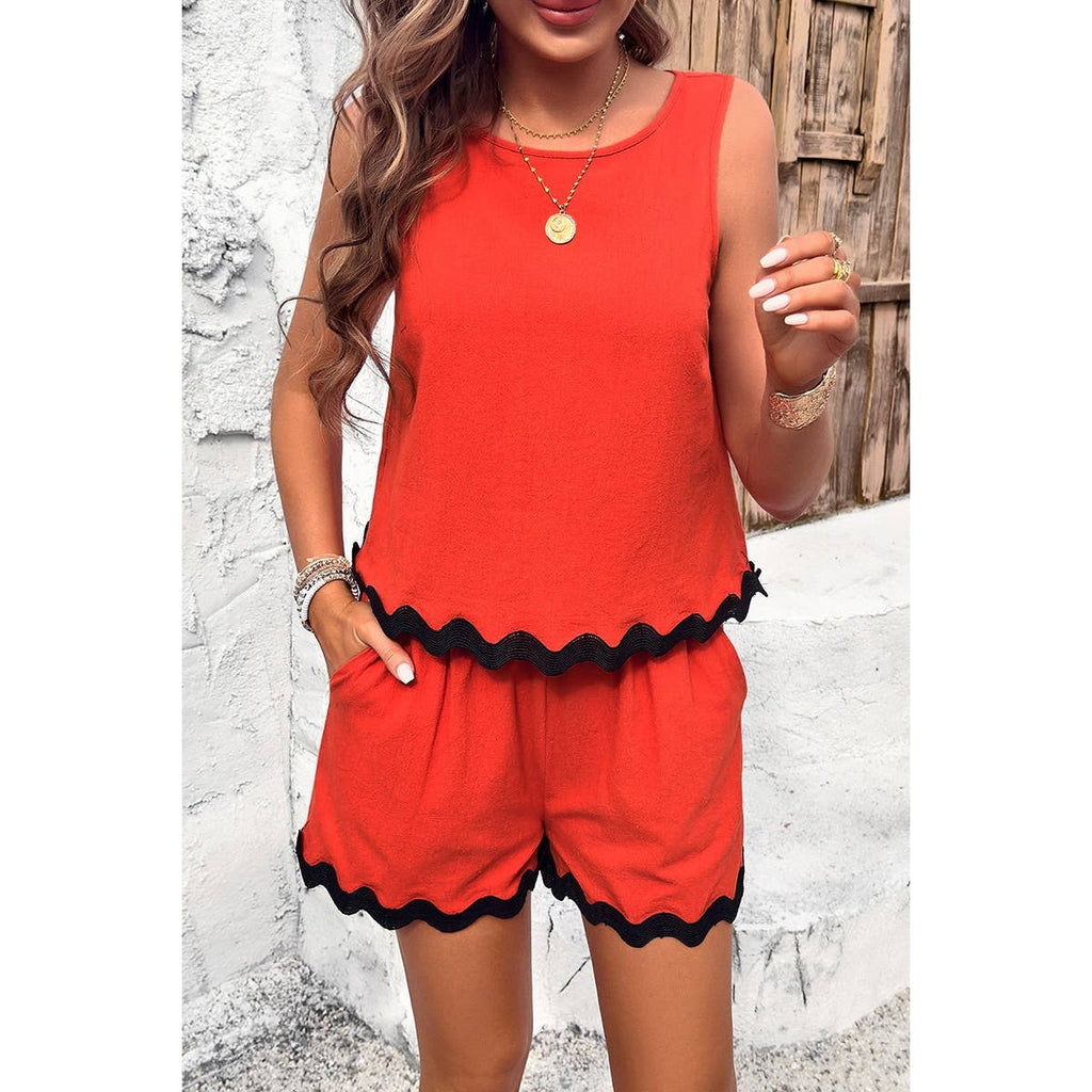 Two Pieces Printed Sleeveless Pockets Shorts Sets: BEIGE / S