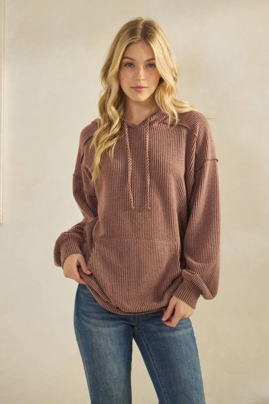 ET7964-10 LONG SLEEVE BRUSHED URBAN RIB HOODIE TOP: ROSE / 2-2-2 (S-M-L)