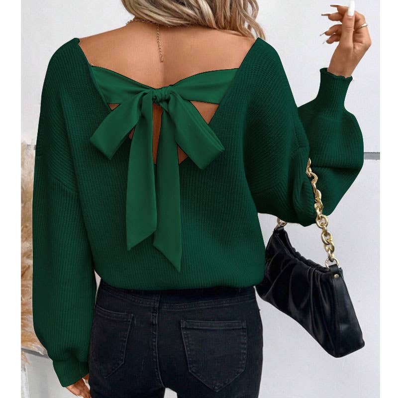 Back Tie Detail V-Neck Sweater: Khaki / M
