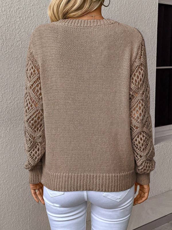 Women's Casual V-Neck Long Sleeve Hollow Knitted Sweater: Dark blue /