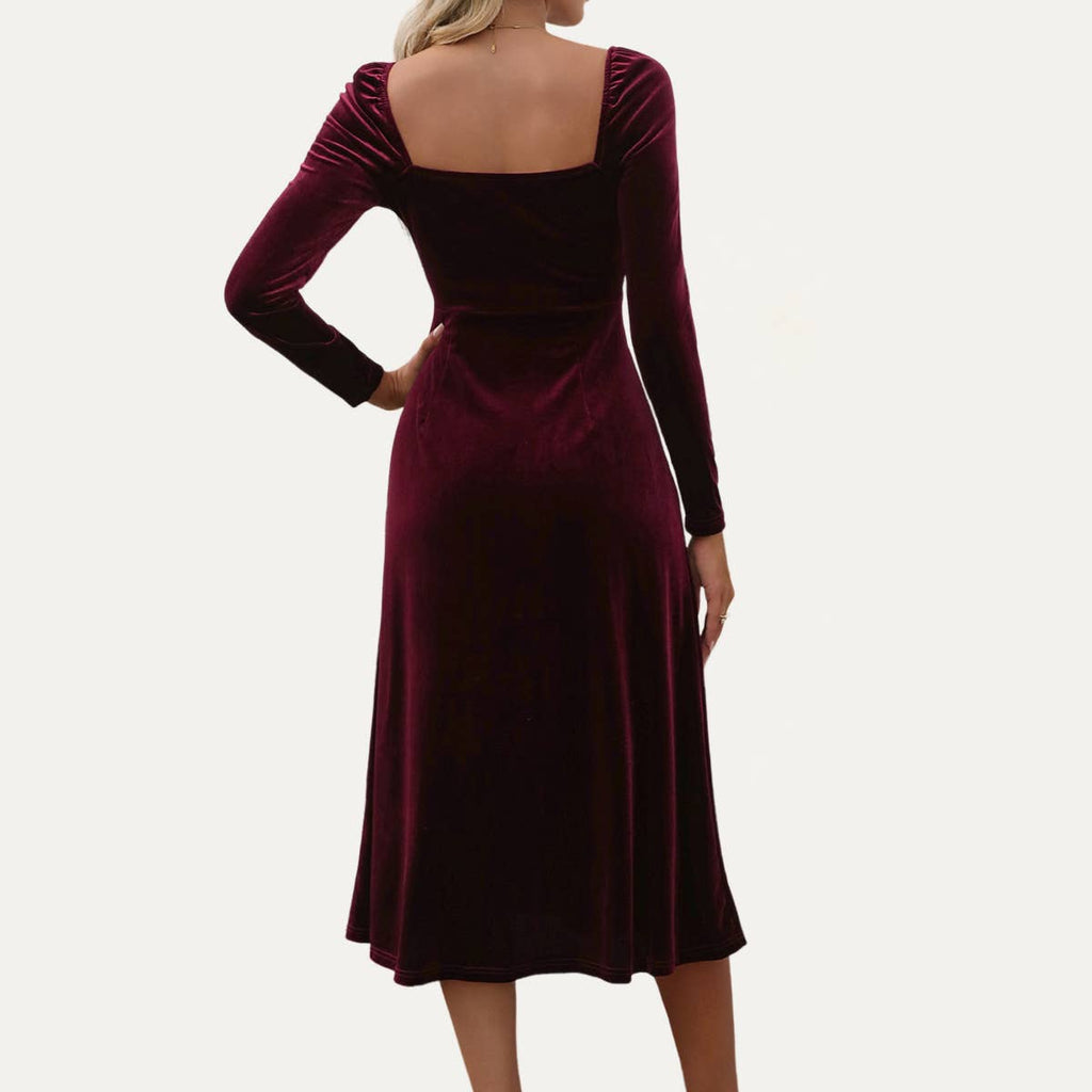 Holiday-Essential Wine-Red Velvet Sweetheart Neck Maxi Dress: Wine Red / S