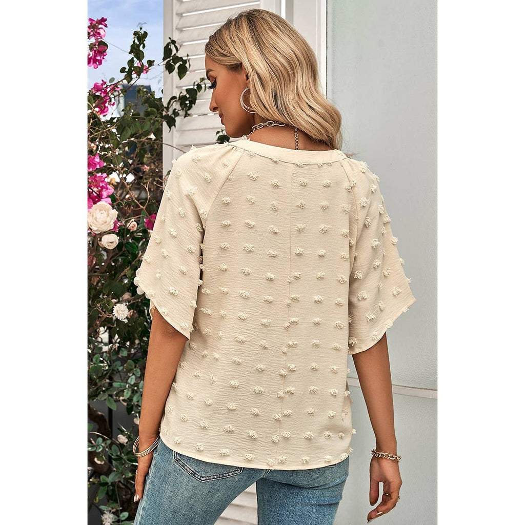 Solid Polk Dot V Neck Loose Fit Top: BEIGE / S