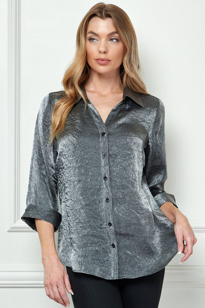 STARLIGHT SHIMMER JOHNNY COLLAR BLOUSE: Black/Silver / S