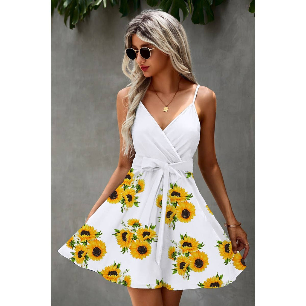 V Neck Sleeveless Floral Tie Waist Dress: BLACK PINK FLORAL / L