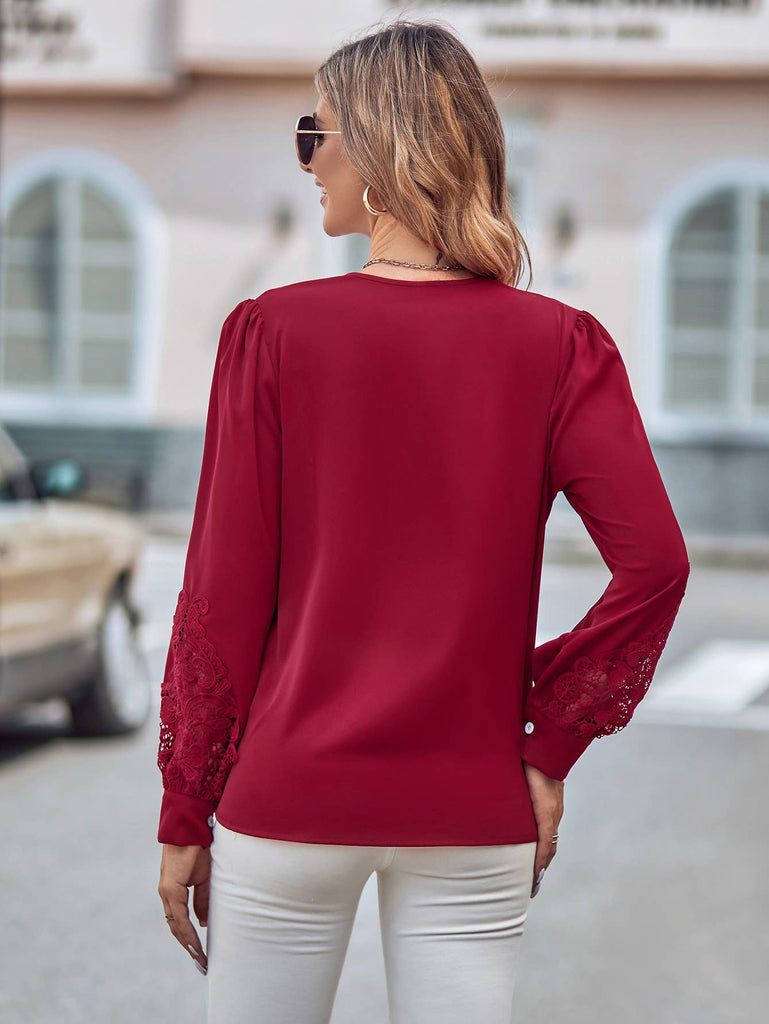 Lace Detail V Neck Button Down Blouse SZ2-TP54399: Green / S