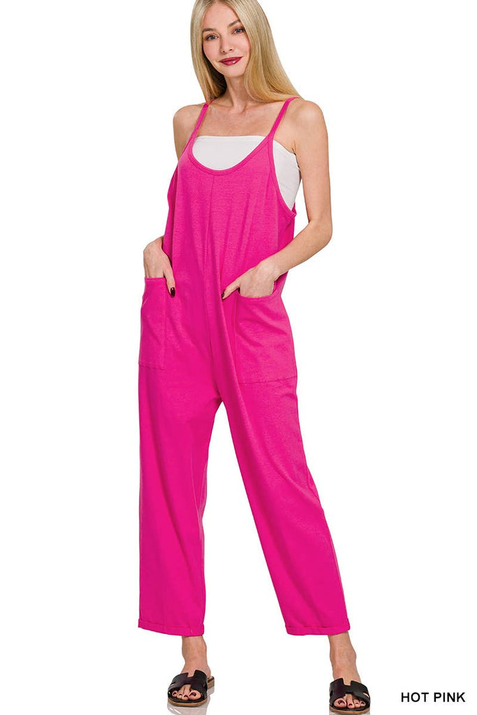 `",,,,...._ Spaghetti Strap Pocketed Cotton Jumpsuit: H LT TEAL-178587 / L/XL