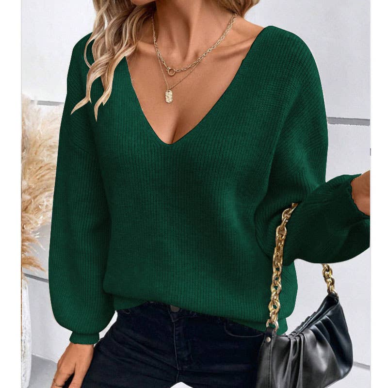 Back Tie Detail V-Neck Sweater: Khaki / M
