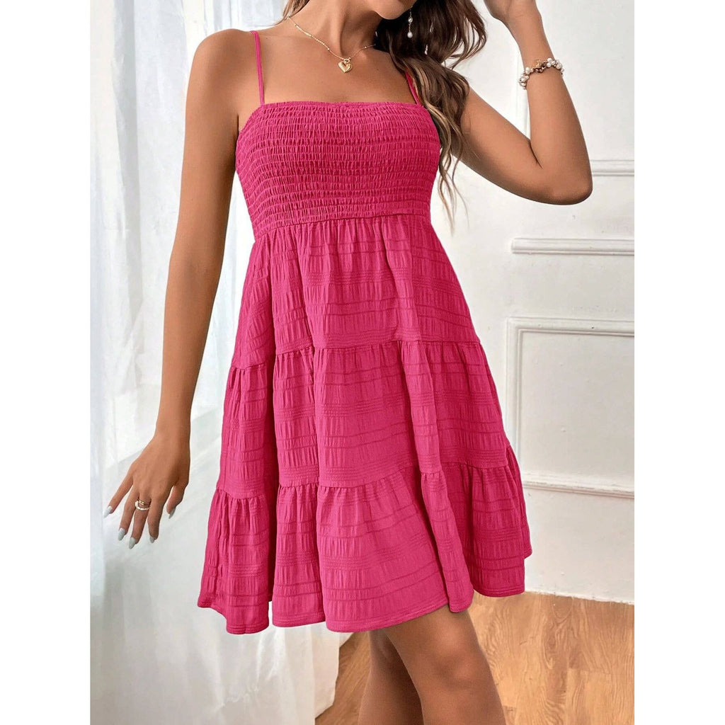 Plain Smocked A-line Slip Dress For Summer: Light Blue / S