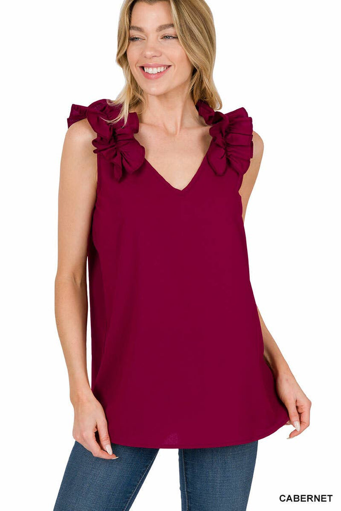 ",,,,,...RUFFLE TRIM SLEEVELESS TOP: ASH MOCHA-118024 / L
