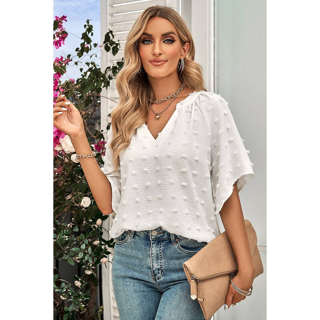 Solid Polk Dot V Neck Loose Fit Top: BEIGE / S