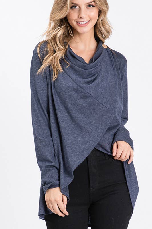 SJ1348S SOLID OPEN CARDIGAN WITH DRAPED AND BUTTON: CHARCOAL / 2-2-2(S-M-L)