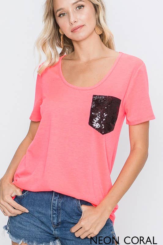 ST1989-10 SOLID TOP WITH BLACK SEQUINS POCKET: BLACK / 2-2-2 (S-M-L)