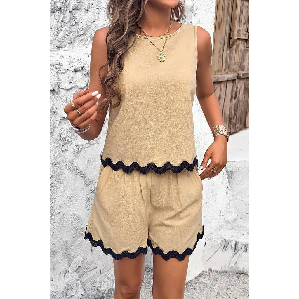 Two Pieces Printed Sleeveless Pockets Shorts Sets: BEIGE / S