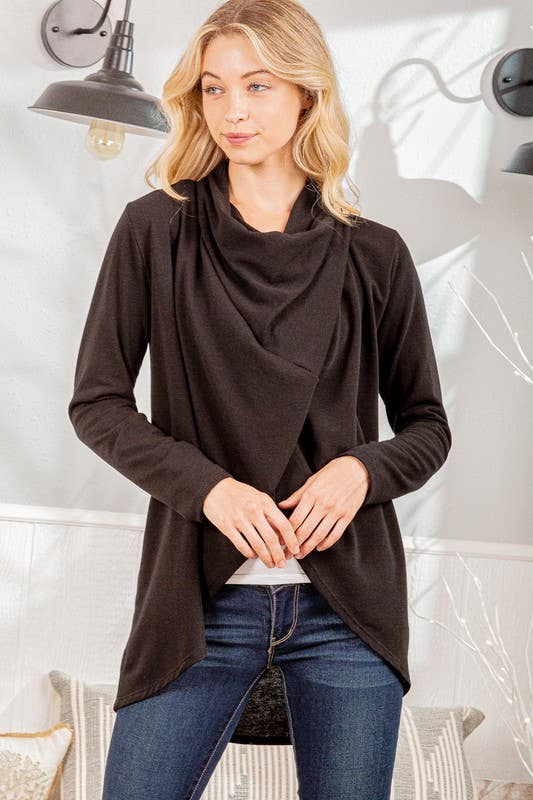 SJ1348S SOLID OPEN CARDIGAN WITH DRAPED AND BUTTON: CHARCOAL / 2-2-2(S-M-L)