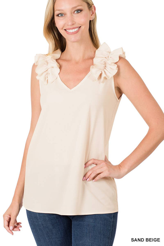 ",,,,,...RUFFLE TRIM SLEEVELESS TOP: ASH MOCHA-118024 / L