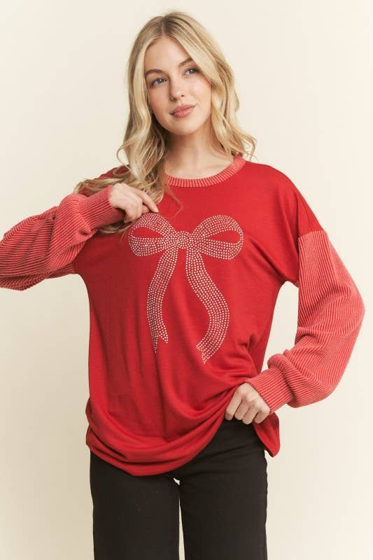 ET7706-11 SOLID URBAN RIBBED RIBBON RHINESTONE TOP: BLACK / 2-2-2 (S-M-L)