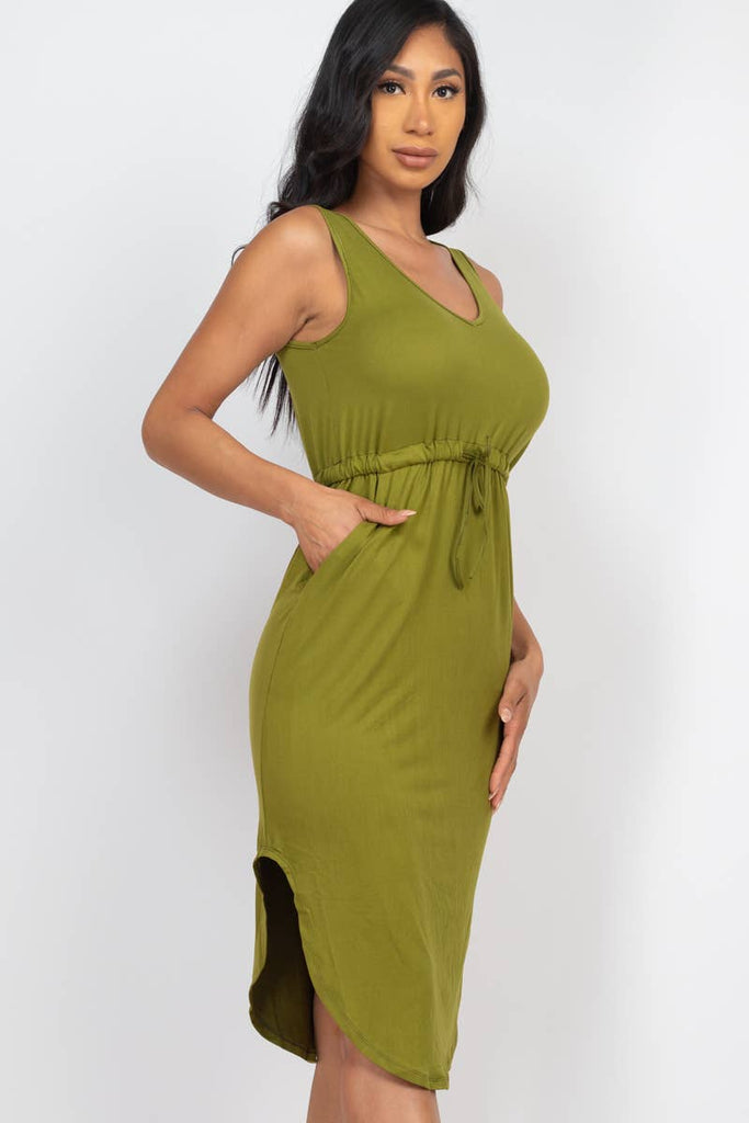 Drawstring Sleeveless Midi Dress: S