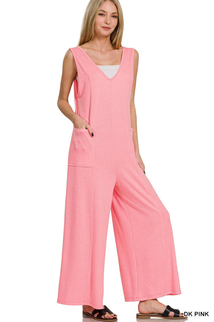 ..SI-27445 French Terry Deep V Neck Jumpsuit w/ Pockets: DK PINK-178569 / L