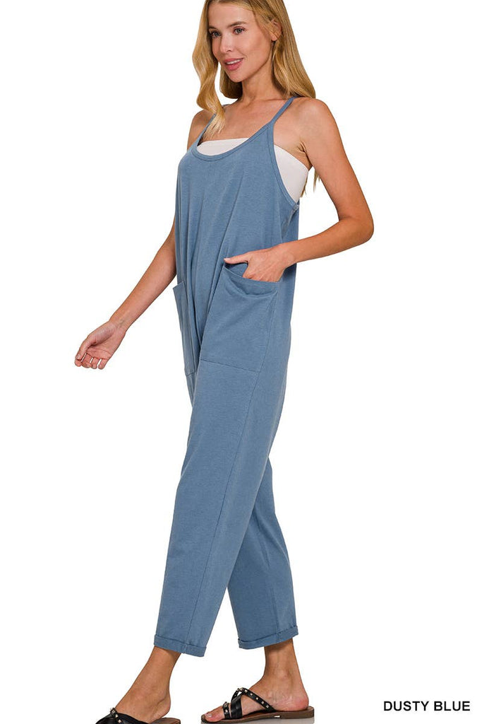 `",,,,...._ Spaghetti Strap Pocketed Cotton Jumpsuit: H LT TEAL-178587 / L/XL
