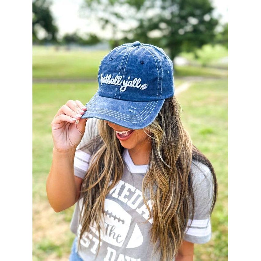 White Football Y'all Embroidery on Navy Hat: Blue / One Size