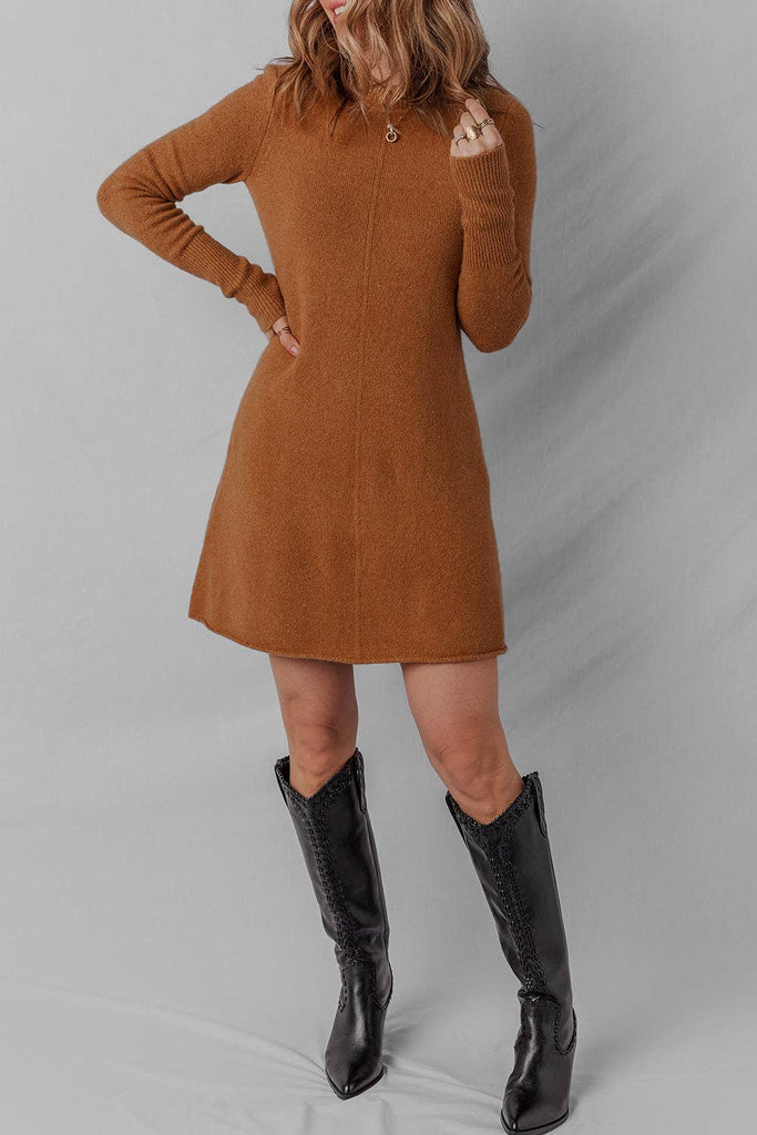Solid Ribbed Trim Sweater Mini Dress: Straw Yellow /