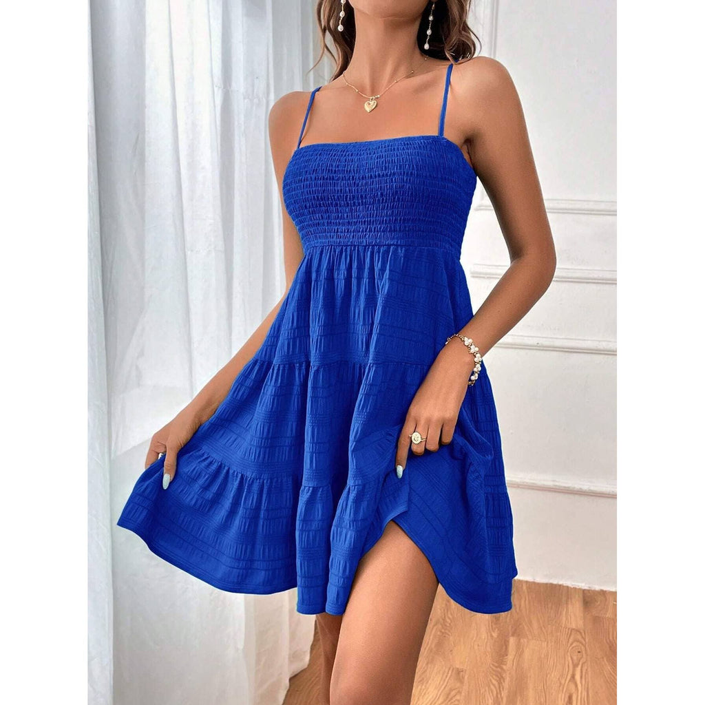 Plain Smocked A-line Slip Dress For Summer: Light Blue / S