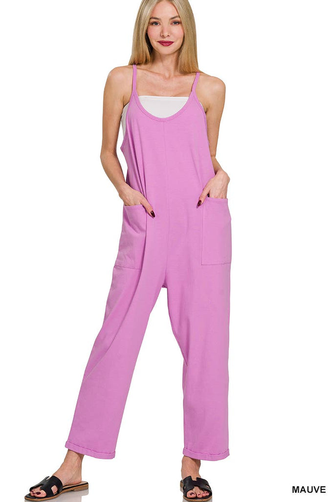 `",,,,...._ Spaghetti Strap Pocketed Cotton Jumpsuit: H LT TEAL-178587 / L/XL