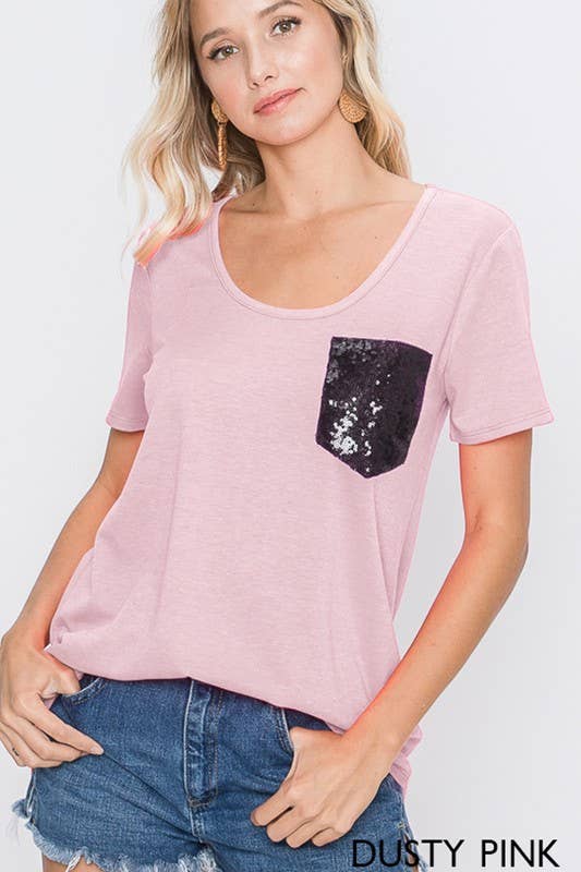 ST1989-10 SOLID TOP WITH BLACK SEQUINS POCKET: BLACK / 2-2-2 (S-M-L)