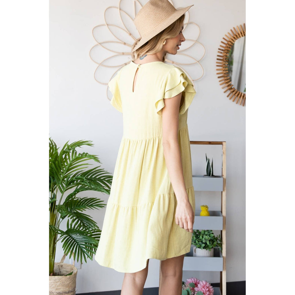 Rayon Linen Ruffle Shoulder Tiered Dress: Yellow /