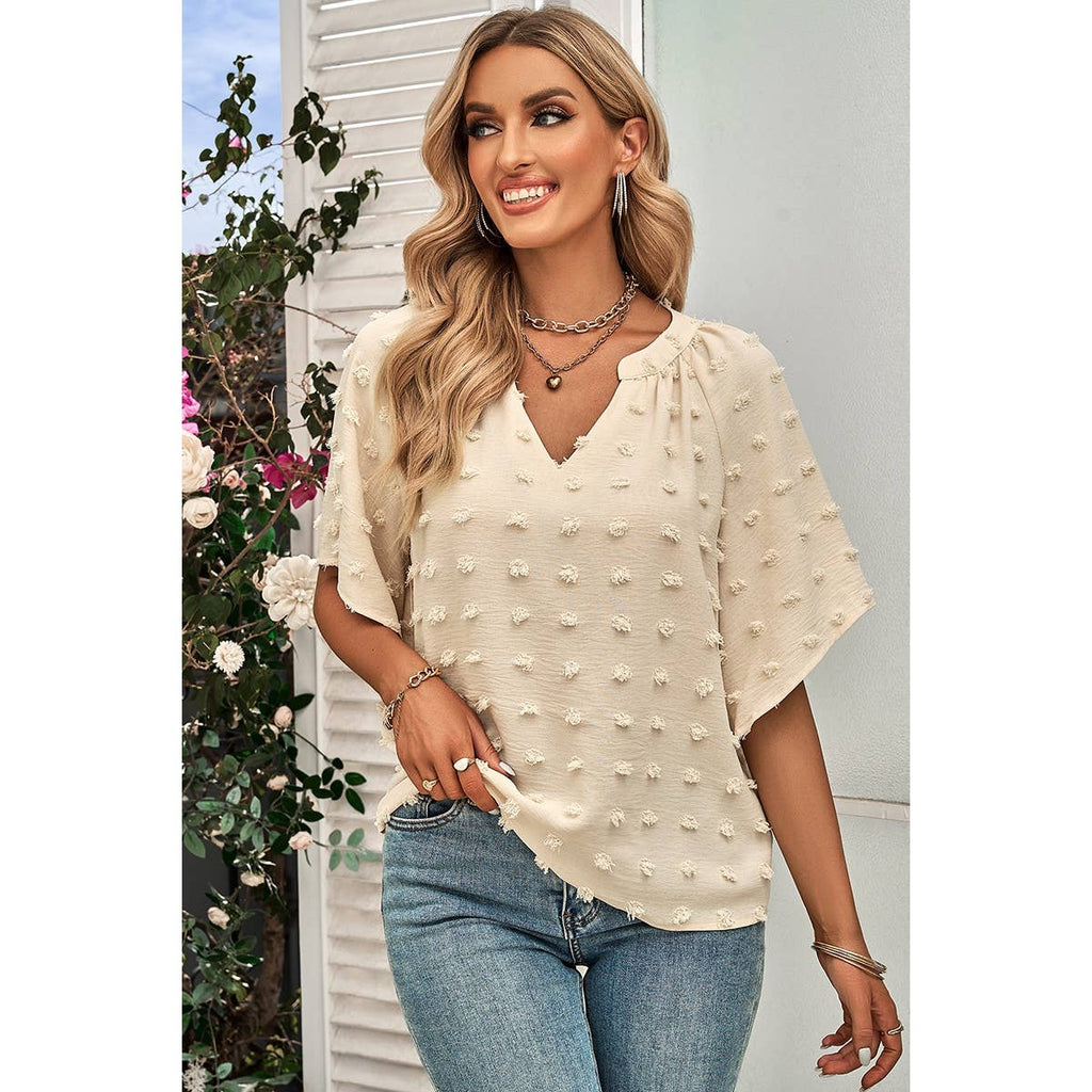 Solid Polk Dot V Neck Loose Fit Top: BEIGE / S