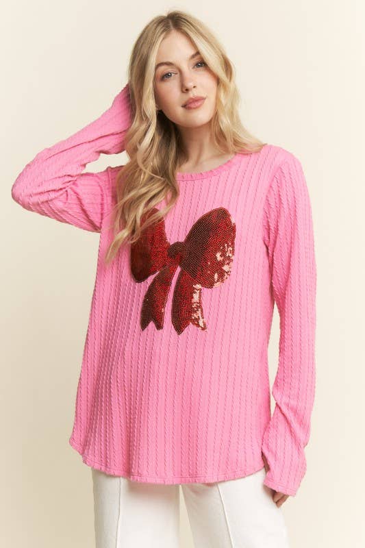 ET7809-10 LONG SLEEVE SOLID RIB TOP WITH RIBBON PATCH: NATURAL / 2-2-2 (S-M-L)