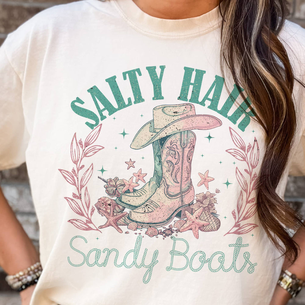Salty Sandy Boots Tees Ocean Summer Cowgirl Summer Tshirt: Peach /1 S, 1 M, 1 LG, 1 XL