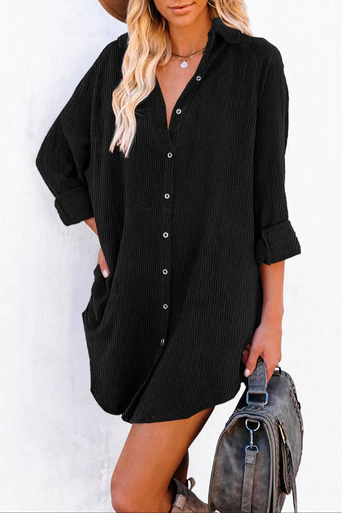 Corduroy Long Sleeve Shirt Dress: Blue /