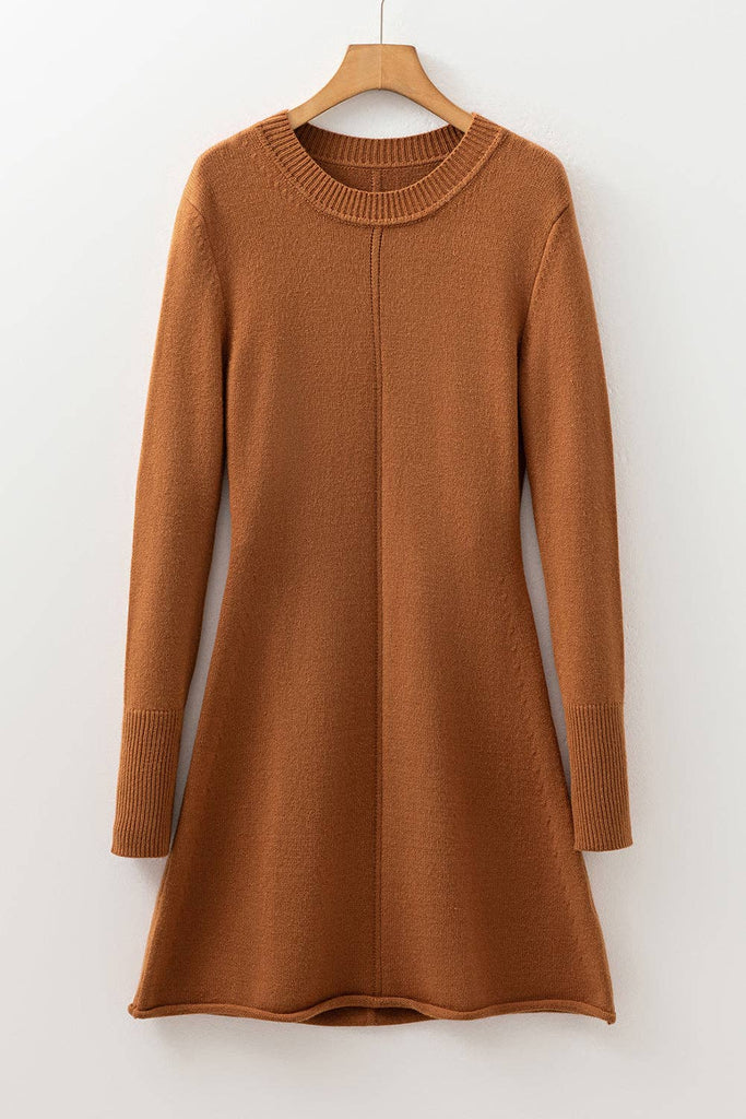 Solid Ribbed Trim Sweater Mini Dress: Straw Yellow /