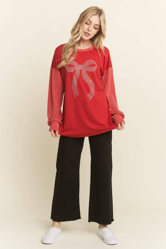 ET7706-11 SOLID URBAN RIBBED RIBBON RHINESTONE TOP: BLACK / 2-2-2 (S-M-L)