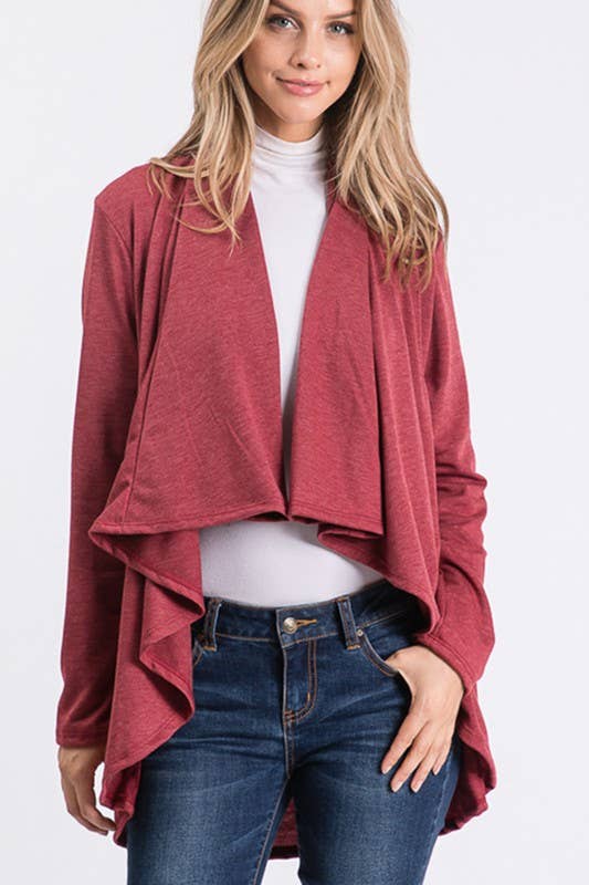 SJ1348S SOLID OPEN CARDIGAN WITH DRAPED AND BUTTON: CHARCOAL / 2-2-2(S-M-L)