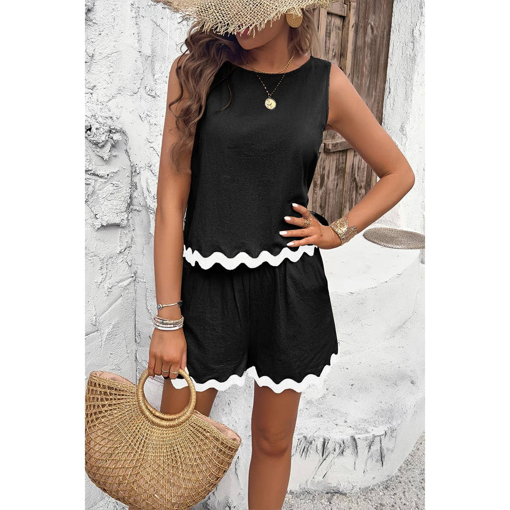 Two Pieces Printed Sleeveless Pockets Shorts Sets: BEIGE / S
