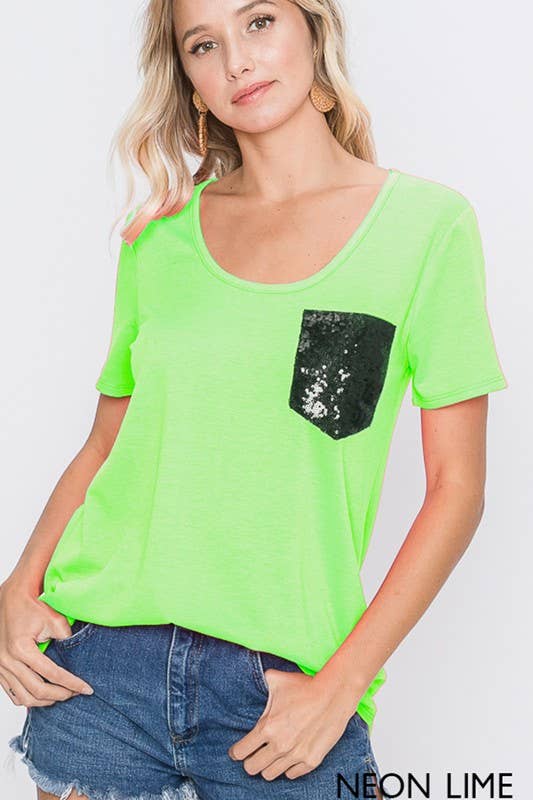 ST1989-10 SOLID TOP WITH BLACK SEQUINS POCKET: BLACK / 2-2-2 (S-M-L)