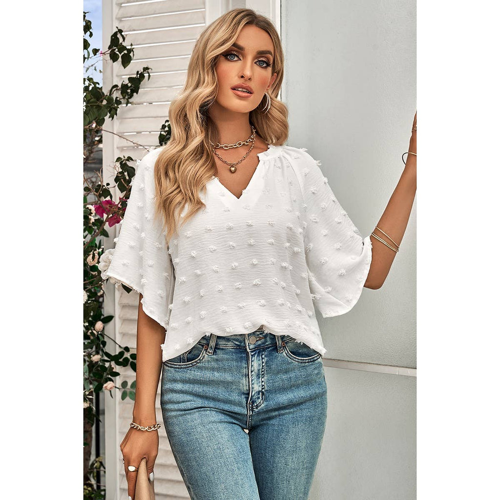 Solid Polk Dot V Neck Loose Fit Top: BEIGE / S