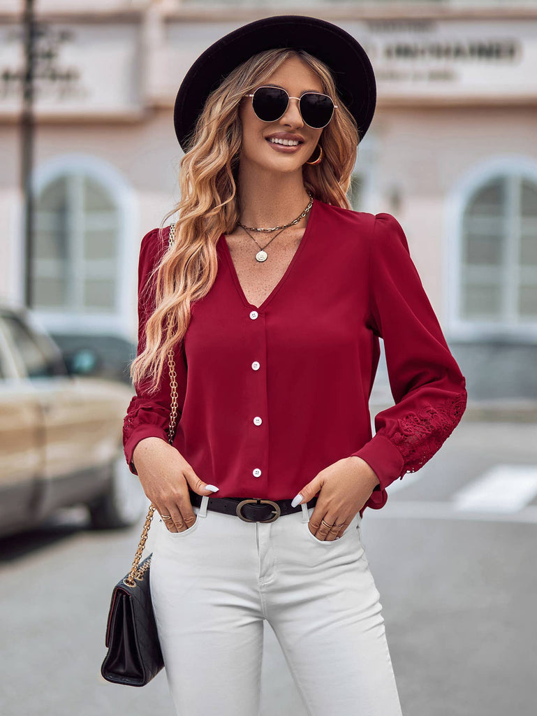 Lace Detail V Neck Button Down Blouse SZ2-TP54399: Green / S