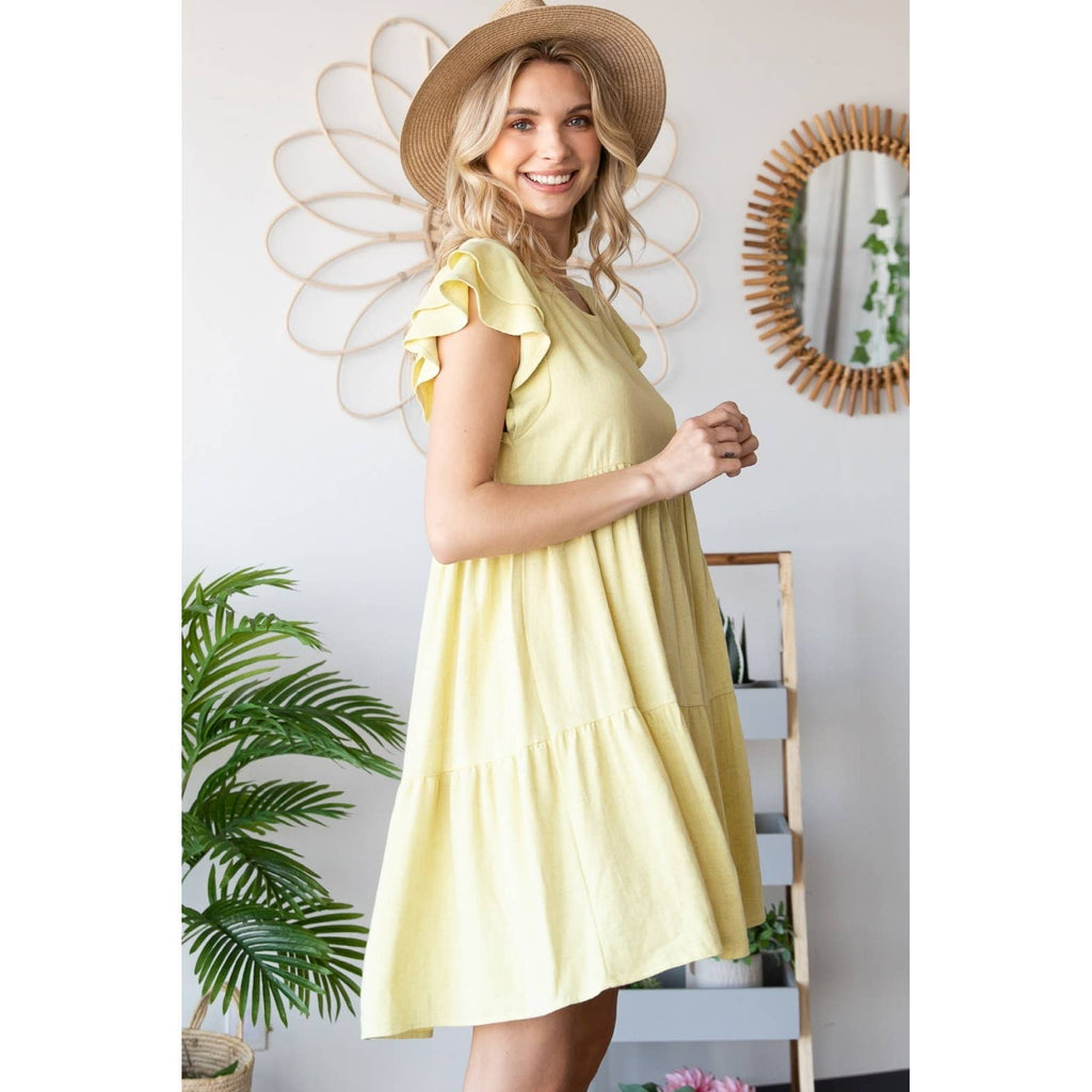Rayon Linen Ruffle Shoulder Tiered Dress: Yellow /