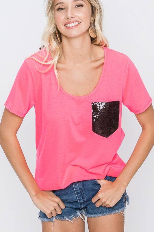 ST1989-10 SOLID TOP WITH BLACK SEQUINS POCKET: BLACK / 2-2-2 (S-M-L)