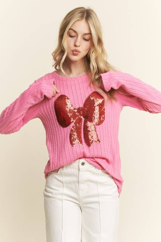 ET7809-10 LONG SLEEVE SOLID RIB TOP WITH RIBBON PATCH: NATURAL / 2-2-2 (S-M-L)