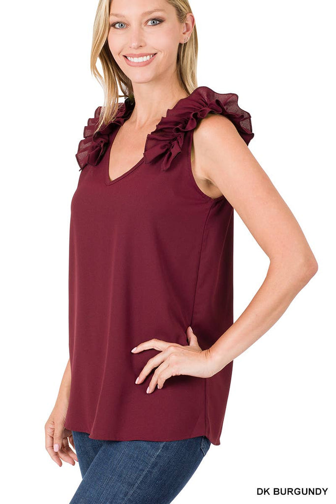 ",,,,,...RUFFLE TRIM SLEEVELESS TOP: ASH MOCHA-118024 / L
