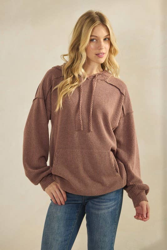 ET7964-10 LONG SLEEVE BRUSHED URBAN RIB HOODIE TOP: ROSE / 2-2-2 (S-M-L)