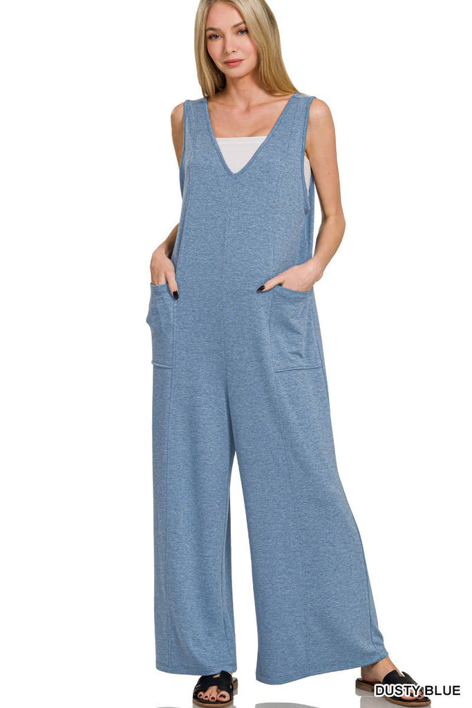 ..SI-27445 French Terry Deep V Neck Jumpsuit w/ Pockets: DK PINK-178569 / L