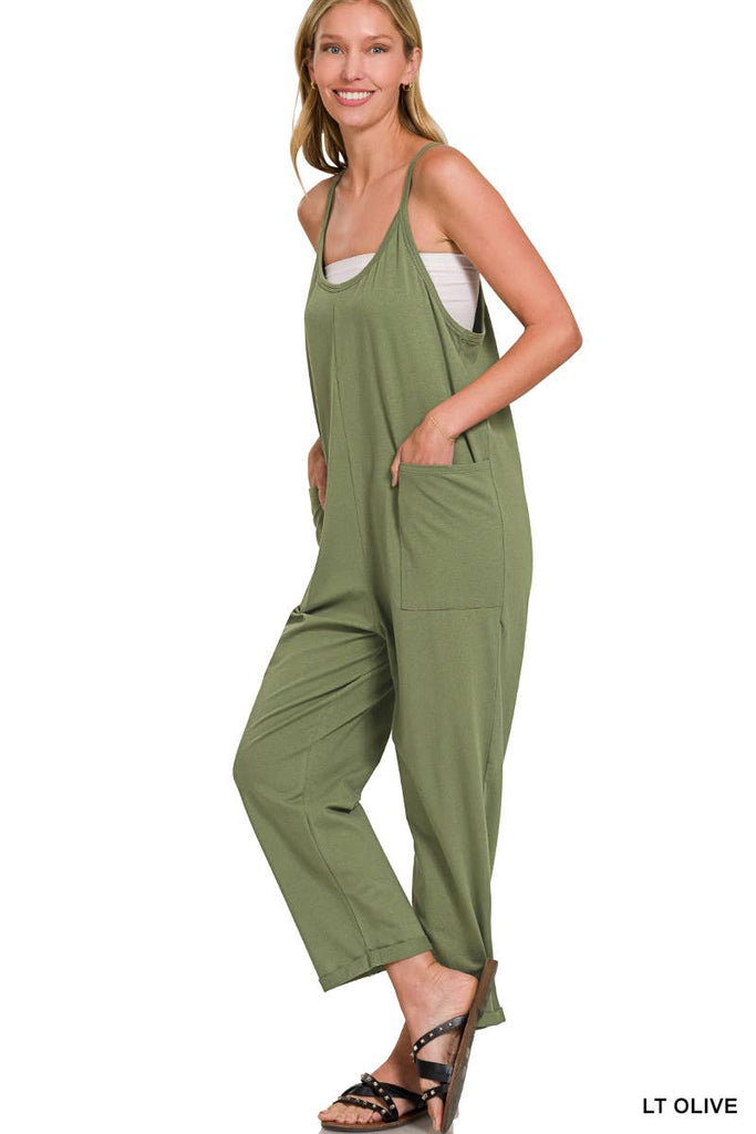 `",,,,...._ Spaghetti Strap Pocketed Cotton Jumpsuit: H LT TEAL-178587 / L/XL