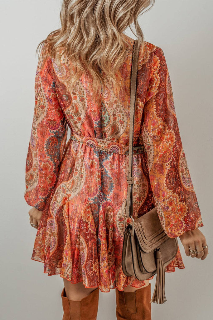 Boho Paisley Long Sleeve Mini Dress: Orange /