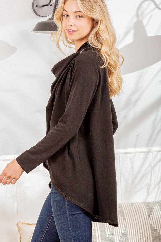 SJ1348S SOLID OPEN CARDIGAN WITH DRAPED AND BUTTON: CHARCOAL / 2-2-2(S-M-L)