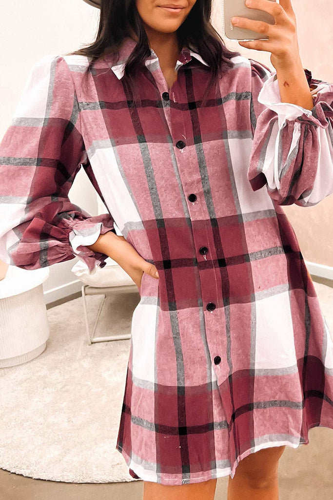 Plaid Puff Sleeve Shirt Dress: Khaki / 65%Polyester+35%Cotton /